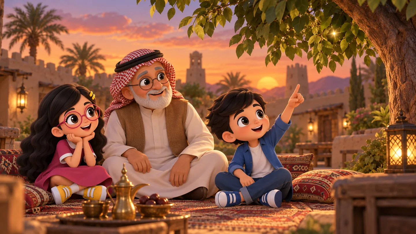 عودة إلى الحديقة وقت الغروب، حكيم وفهيمة يجلسان مع الجد وينظرون إلى القطعة المعدنية، وحكيم يبدو أكثر تفكيرًا بينما الجد يشرح لهما بهدوء.