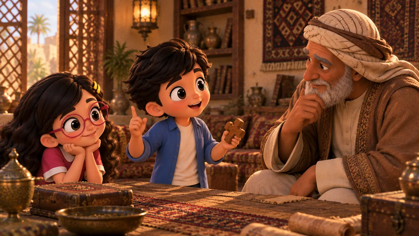 مشهد من الماضي لطفل اسمه يونس يقف أمام جده داخل بيت قديم، وأمامه أداة تراثية غامضة، ويونس يبدو واثقا بينما الجد ينظر إليه بهدوء.