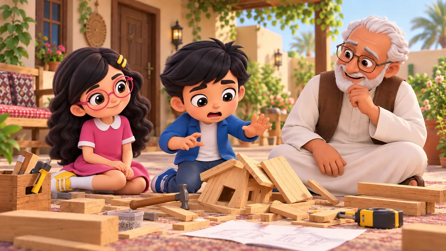 البيت الخشبي الصغير يميل وتسقط منه بعض القطع، وحكيم ينظر إليه بصدمة وإحباط، وفهيمة تقف بجانبه والجد يراقب الموقف بهدوء.