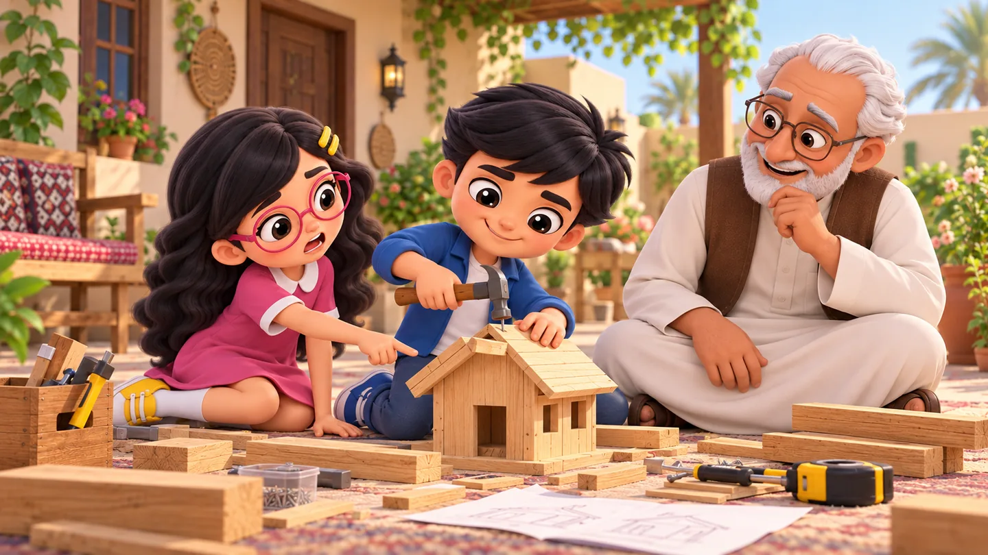 مشهد من الماضي لطفلين يبنيان بيت لعب صغيرا داخل فناء قديم، الأخت تشير إلى مشكلة في السقف والأخ ينظر للبناء بثقة قبل أن يسقط جزء منه.