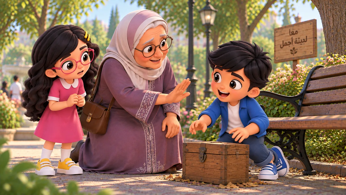 حكيم يمسك الصندوق أو ينظر إليه بحماس ويريد فتحه، بينما الجدة تشير إليه بهدوء وتطلب منه التوقف والتفكير، وفهيمة تتابع الحوار.