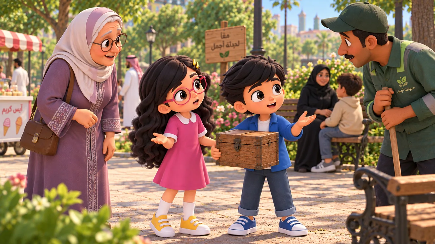 حكيم وفهيمة في الحديقة يسألان بعض الناس عن صاحب الصندوق، ثم تقترب منهما طفلة صغيرة تبدو قلقة وتبحث عن شيء فقدته.
