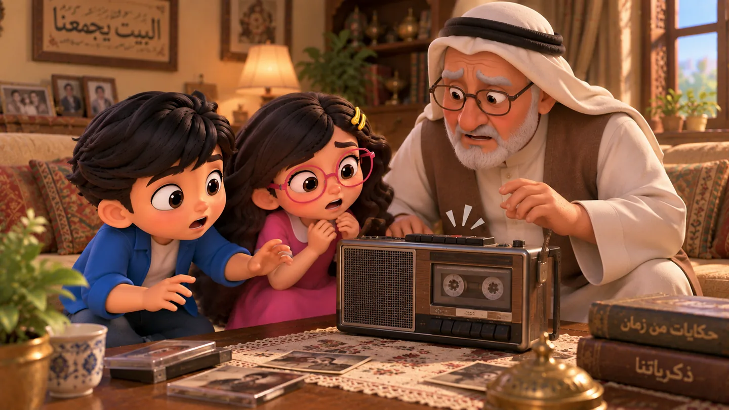 جهاز التسجيل متوقف، وحكيم وفهيمة ينظران إلى الجد بدهشة وفضول، بينما الجد يبتسم وكأنه يعرف تكملة الحكاية.