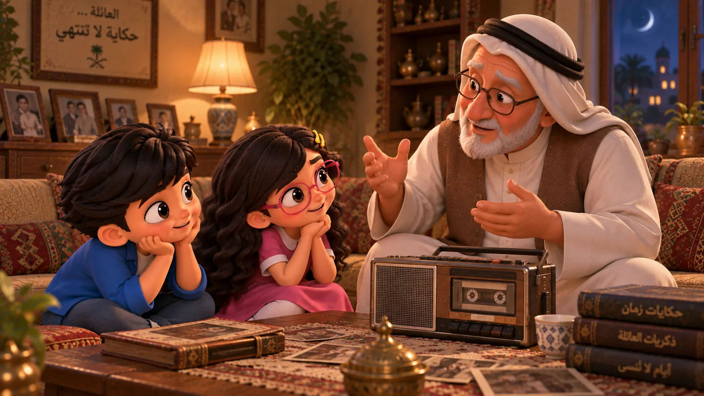 الجد يجلس بين حكيم وفهيمة ويحكي لهما بحماس، بينما جهاز التسجيل القديم بجانبهم، والطفلان يستمعان باهتمام.