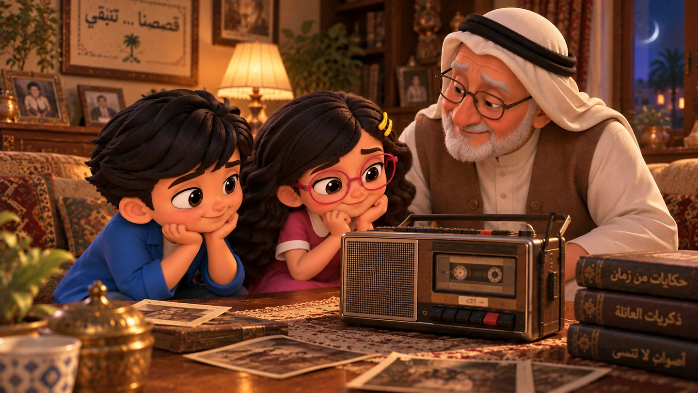 عودة إلى غرفة المعيشة، حكيم وفهيمة يجلسان بجانب الجد وينظرون إلى جهاز التسجيل القديم، في مشهد دافئ يعبر عن ارتباط الأجيال ببعضها.

ماذا تعلمنا؟
عندما نسأل الكبار عن الماضي، قد نكتشف حكايات غير موجودة في أي كتاب.
تبقى الحكايات حيّة عندما يقرر شخص أن يستمع إليها ويحكيها من جديد.