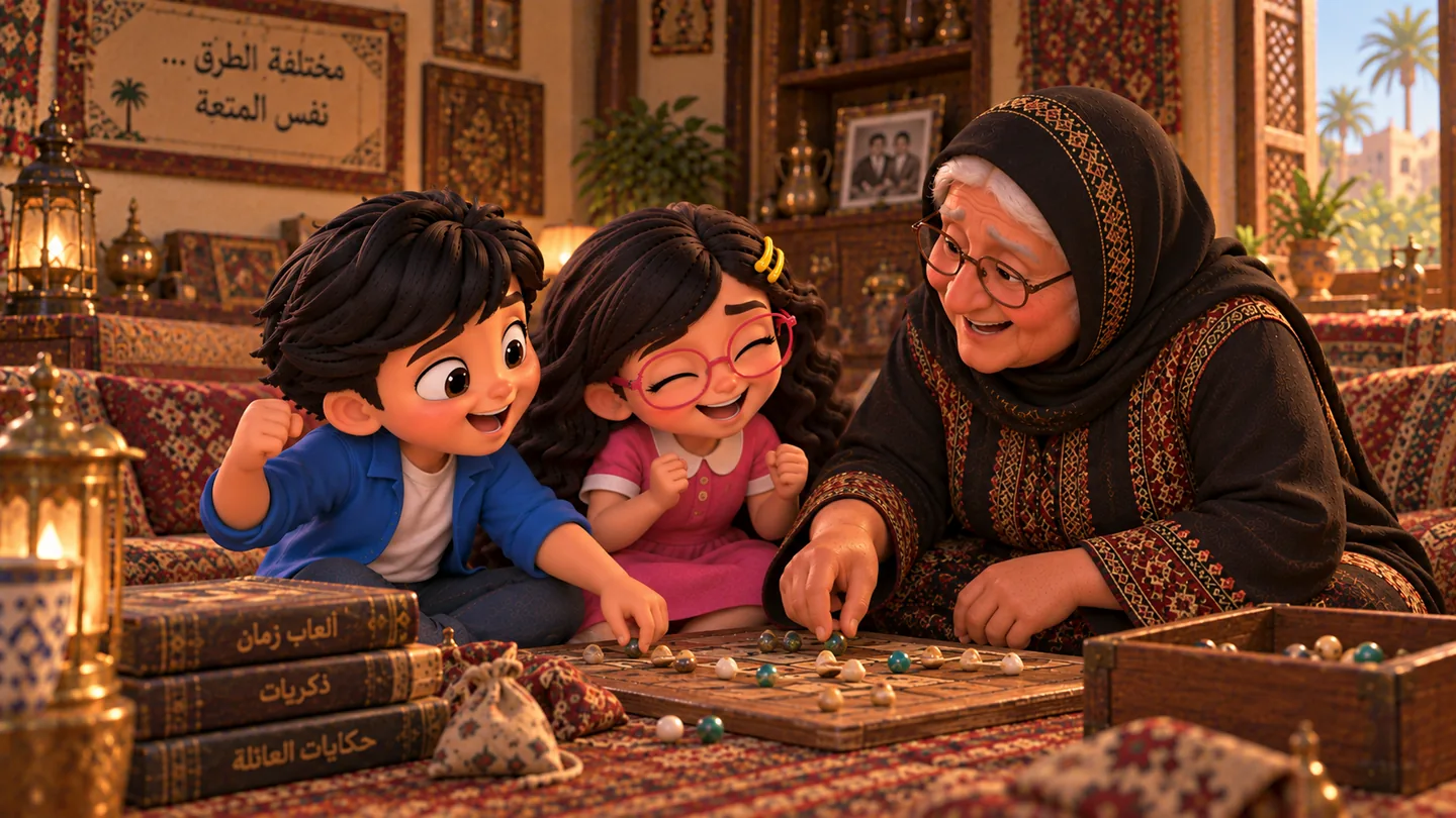 حكيم وفهيمة يلعبان اللعبة القديمة بحماس ويجربان أكثر من طريقة، بينما الجدة تجلس معهما مبتسمة، في مشهد عائلي دافئ وممتع.

ماذا تعلمنا؟
ليس من الضروري أن تكون الطريقة المختلفة خطأ.
أحيانًا يجعل اختلاف الطرق والحكايات اللعبة والتراث أغنى وأجمل.