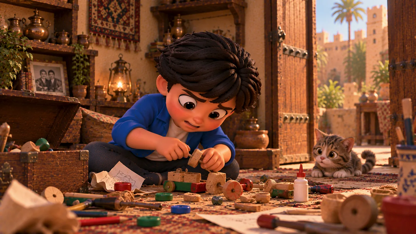 حكيم أمام اللعبة التي أصبحت أكثر تلفا بعد محاولات الإصلاح، والجد يدخل الغرفة وينظر إليه بهدوء بينما حكيم يبدو محرجا.