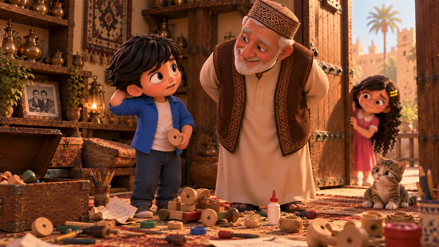 مشهد من الماضي لطفل يقف أمام أخيه ويعترف بخطئه بجانب شيء مكسور، ثم يبدأ الاثنان في إصلاحه معا.