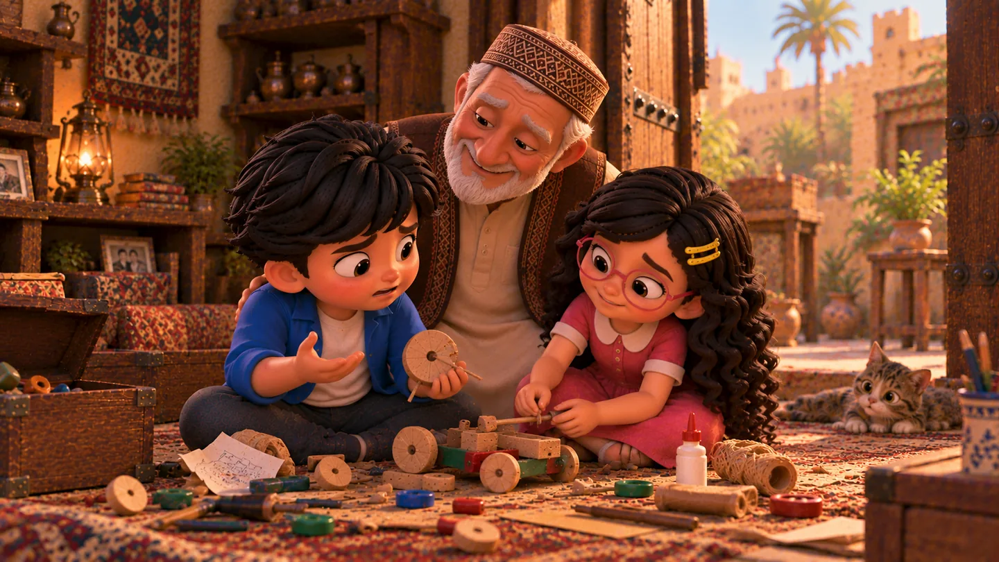 حكيم وفهيمة يجلسان معا أمام الطاولة ويصلحان اللعبة المكسورة، وحكيم يبدو مرتاحا بعد اعترافه بالحقيقة، والجد يراقبهما بابتسامة.

ماذا تعلمنا؟
قد يخطئ أي شخص.
الشجاعة الحقيقية هي أن نعترف به ونحاول إصلاحه بدلًا من أن نخفيه.