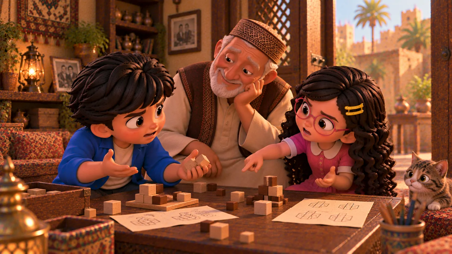 طفل ثالث يجلس بجوار حكيم وفهيمة ويرسم فكرة للحل على ورقة، بينما ينظر الاثنان إلى الرسم بدهشة وفضول.