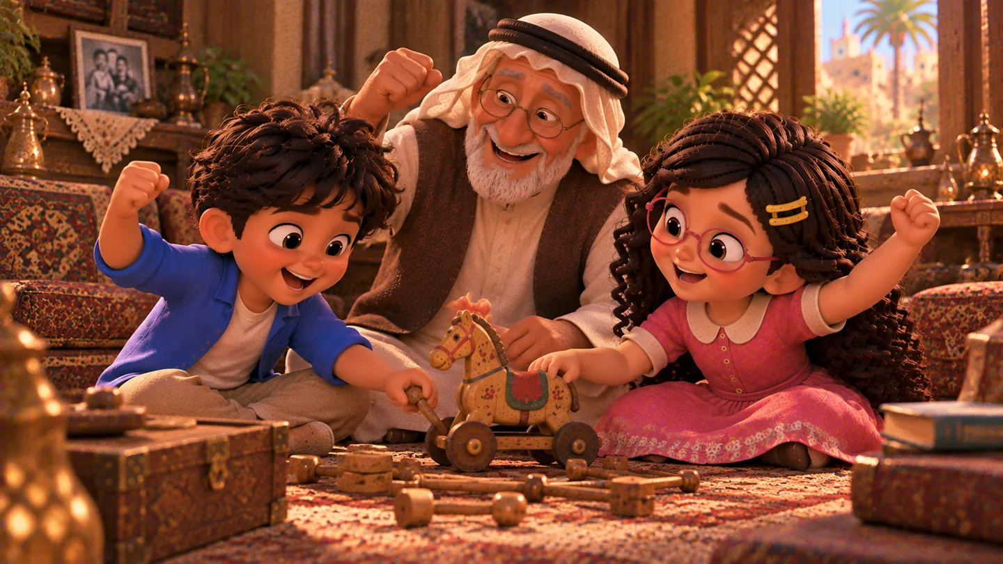 حكيم وفهيمة والجد يلعبون اللعبة الخشبية بحماس وضحك، وحكيم أصبح متحمسا بعدما كان يعتقد أنها مملة.