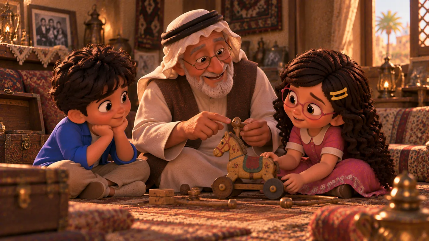 الجد يتحدث بهدوء مع حكيم وفهيمة حول اللعبة الموضوعة على الطاولة، والطفلان ينظران إليها بتفكير بعد أن عرفا أنها قد تختفي.